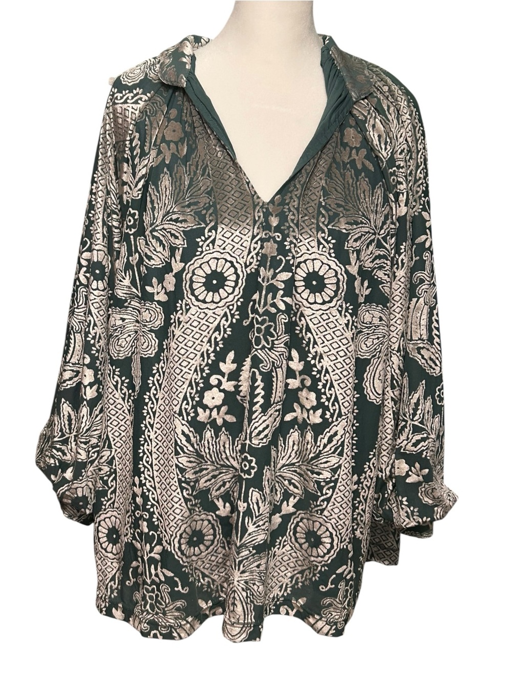 UMGEE NWT 1X Boho Paisley Print Peasant Blouse Green & Cream Balloon Sleeve Top
